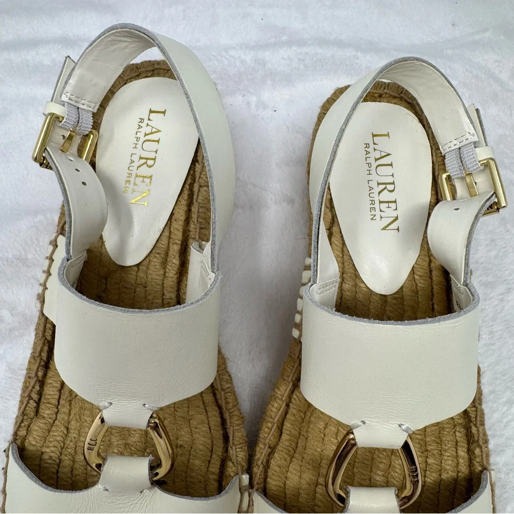 Lauren Ralph‎ Lauren White Leather Bena Wedge Espadrilles Size 7.5 Gold-tone